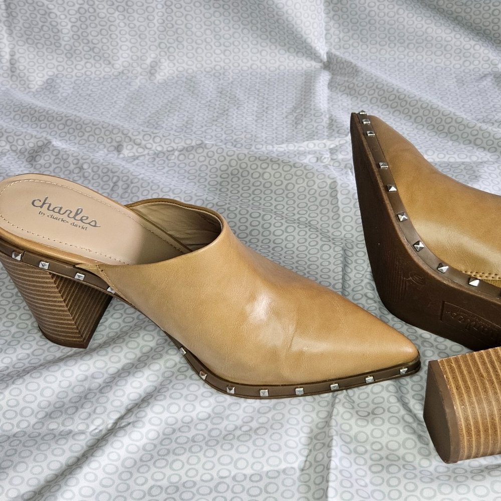 Tan colored Charles David mules with block heels size 10 with 4 inch block heel